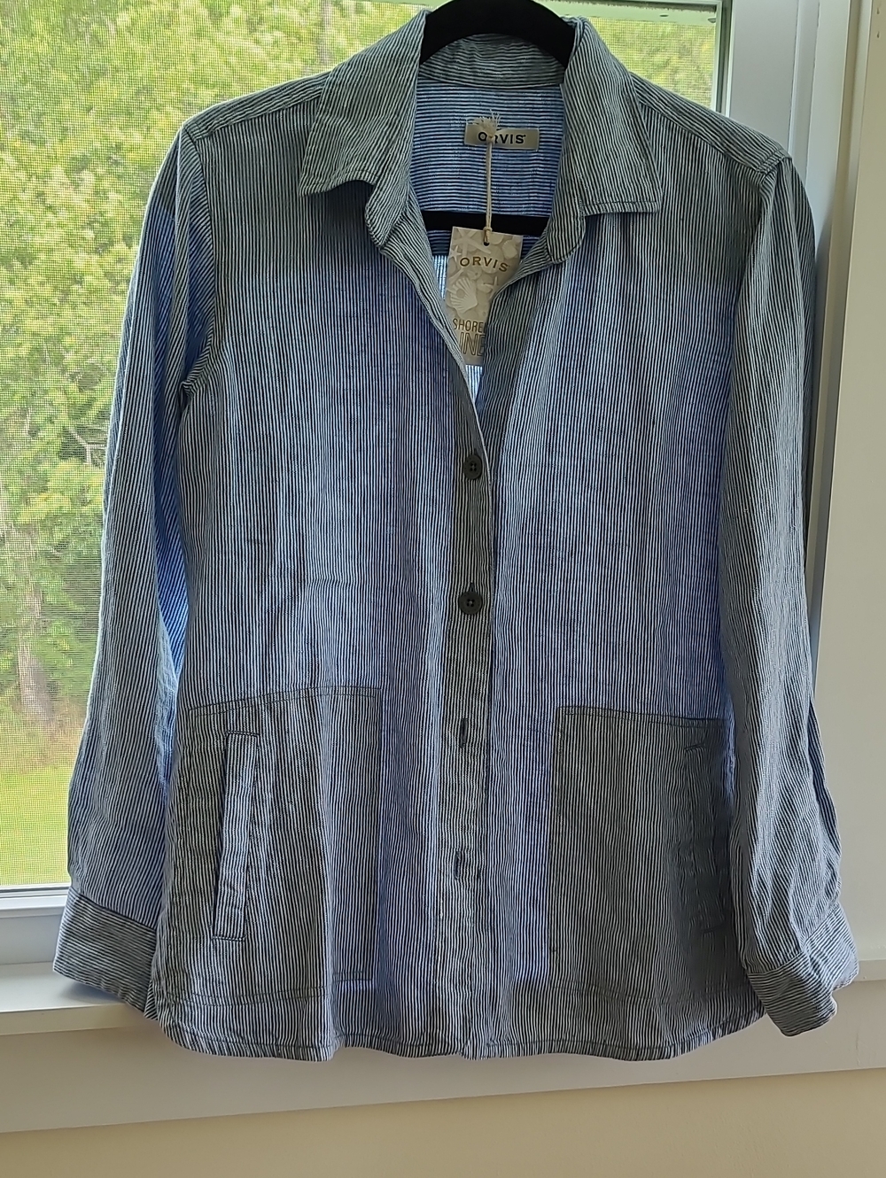 Orvis Blue and White Pinstripe Shoreline Linen Jacket. XS.